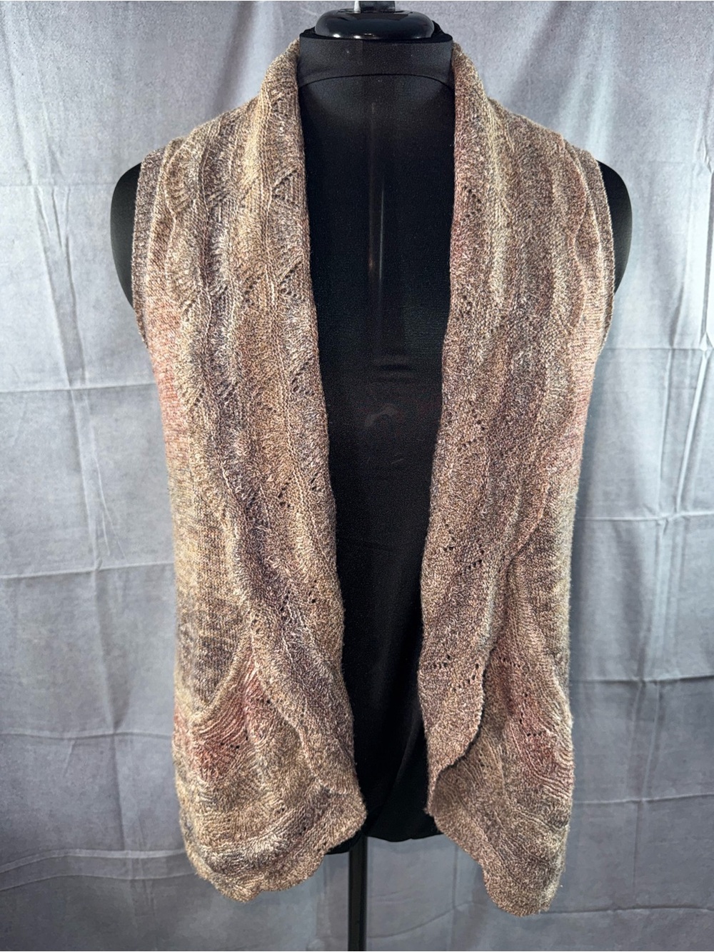 3044-Ponsesa Open-Front Knit Vest Shrug in Taupe Multi